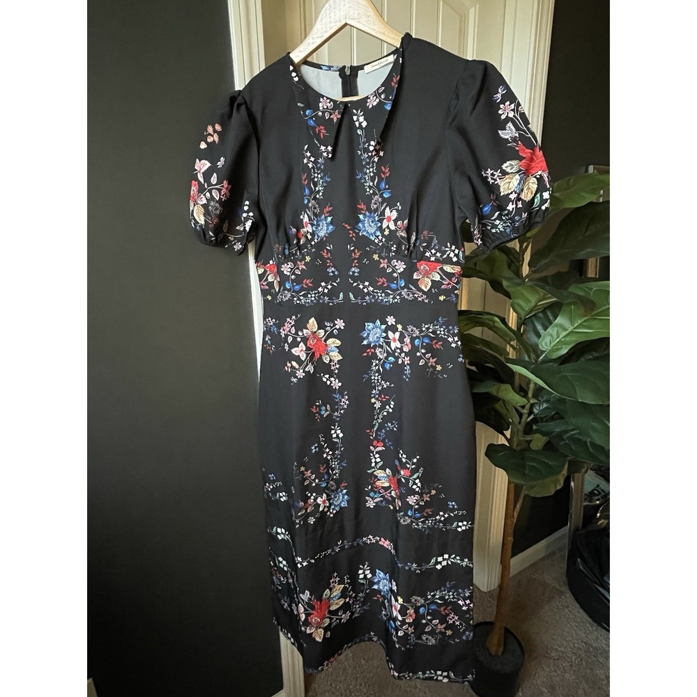 SundayUp Floral Midi Dress M Puff Sleeve Fit & Flare Pleated Zip in Black